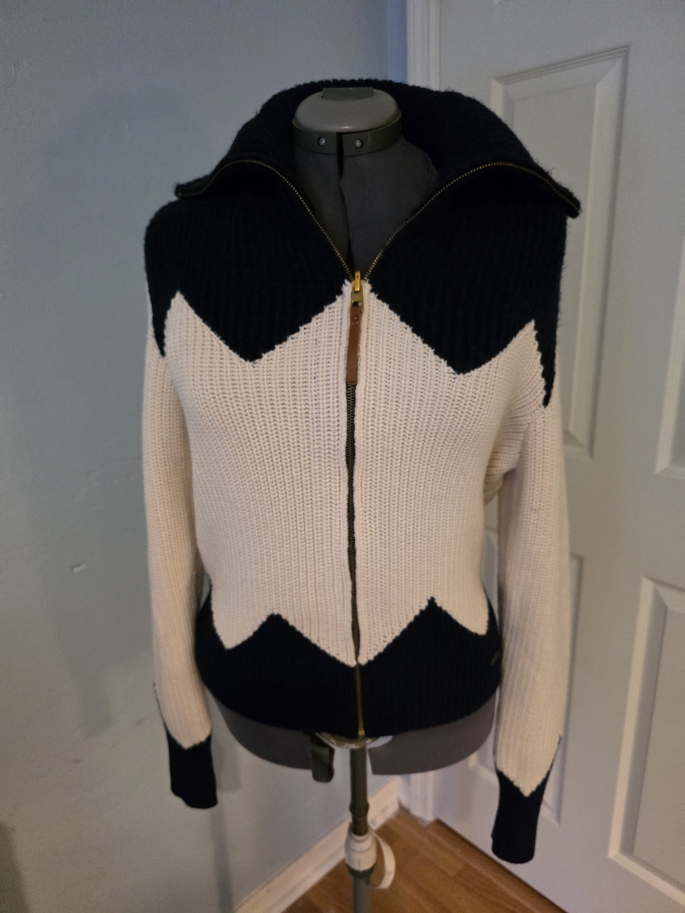 Tory Burch Navy and Cream Chevron Zip Sweater